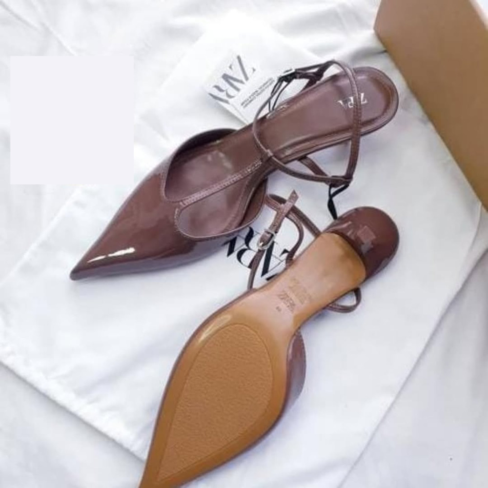 Zara NWT Brown Patent T Strap Slingback Pointed Toe Kitten Heels 9 10 - Picture 11 of 16